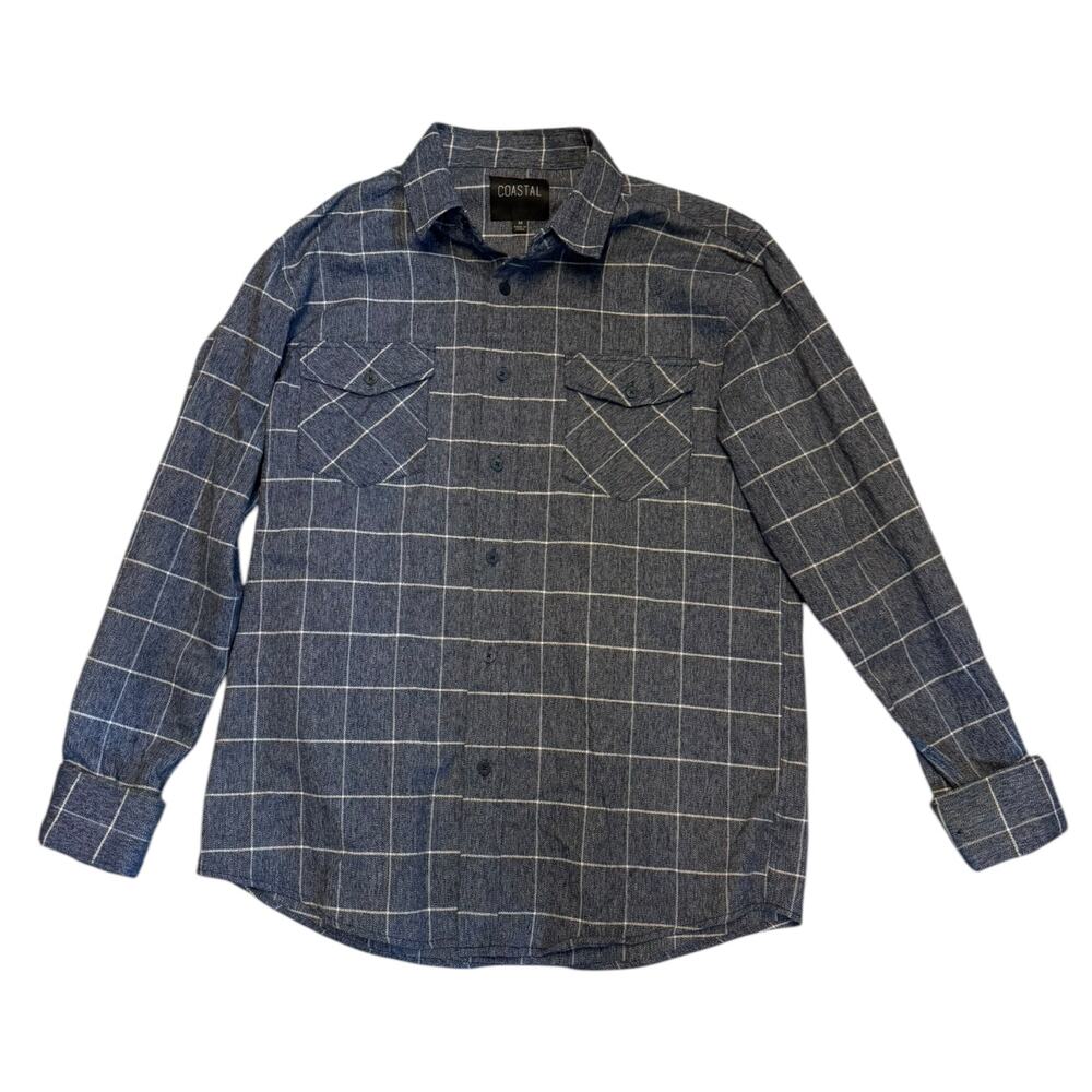 Coastal Cotton Navy Blue Plaid Long Sleeve Flannel Shirt Size Medium EUC